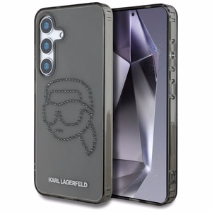 Karl Lagerfeld dėklas telefonui su kalnų krištolais Karl Head logotipu Samsung Galaxy S25 juodas