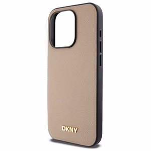 DKNY Grained Metal Logo Magnetinis iPhone 15 Pro dėklas - smėlio spalvos