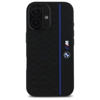 BMW Silikoninis Hexagon Blue Line Magnetinis dėklas iPhone 16 - juodas