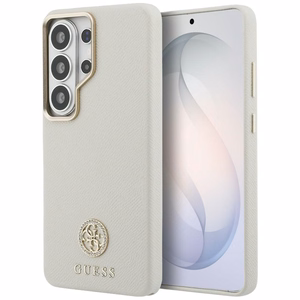 Guess dėklas Rhinestone Round Logo MagSafe skirtas Samsung Galaxy S26 Ultra smėlio spalvos