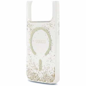 Guess Resin Bottom Glitter MagSafe dėklas, skirtas iPhone 18 Pro / 17 Pro, auksinis