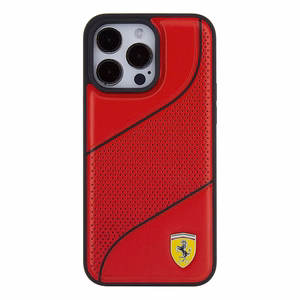 Ferrari Perforuotos bangos metalinis logotipas dėklas telefonui iPhone 15 Pro - raudonas