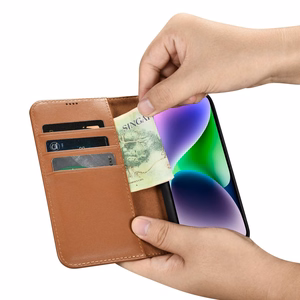 iCarer Piniginės dėklas 2in1 viršelis iPhone 14 Plus Anti-RFID odinis atverčiamas dėklas rudas (WMI14220727-BN)