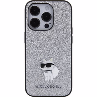 Karl Lagerfeld Fixed Glitter Choupette Logo Metal Pin Dėklas telefonui iPhone 15 Pro Max - sidabrinis
