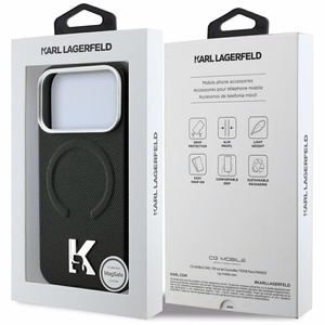 Karl Lagerfeld Grained Embossed Ring & Kameo Logo dėklas, skirtas iPhone 18 Pro Max / 17 Pro Max, suderinamas su MagSafe – juodas