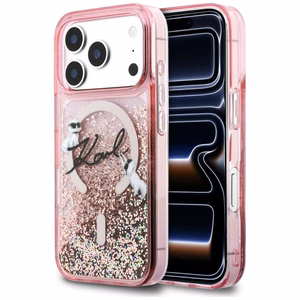 Karl Lagerfeld Liquid Glitter Karl Script Logo MagSafe Dėklas for iPhone 17 Pro - rožinis