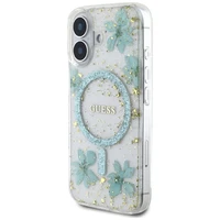 Guess Dėklas telefonui su derva gėlėmis ir blizgučiais Magnetinis iPhone 16 - skaidrus žalias