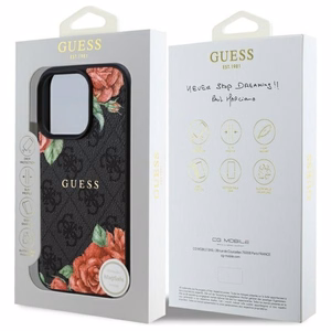 Guess GUHMP16LP4ROPEMCK iPhone 16 Pro 6.3" juodas/juodas kietas dėklas 4G Gėlių Raštas Magnetinis