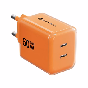 Telefono įkroviklis Forcell F-Energy GaN III Crystal Color, 2x USB C, AVS, SSFC3.0, 60W + silikoninis laidas USB C į USB C VT-60, oranžinis