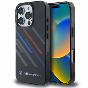 BMW Motosport IML atsitiktinės juostos iPhone 16 Pro Max dėklas - juodas