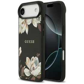Guess Grained Flowers Classic Logo MagSafe dėklas iPhone Air - juodas (m)