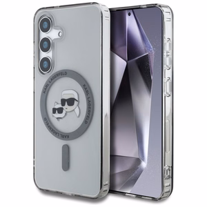 Dėklas telefonui Karl Lagerfeld Button Karl & Choupette Heads Išspausdintas logotipas MagSafe Samsung Galaxy S25 - juodas