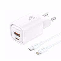 FONENG sieninis įkroviklis EU70 PD 20W 1xUSB-C + 1xUSB QC3.0 + laidas USB-C - Lightning baltas