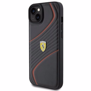 Ferrari dygsniuotas metalo logotipa dėklas iPhone 15 Plus – juodas