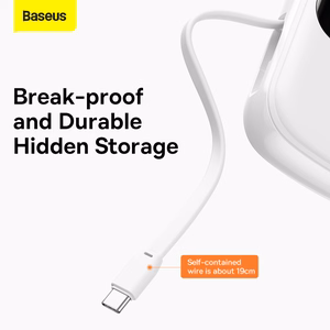 Baseus Qpow su skaitmenine indikacija išorinė baterija su greitu įkrovimu 20000mAh 22.5W QC/PD/SCP/FCP su įmontuotu USB-C kabeliu balta