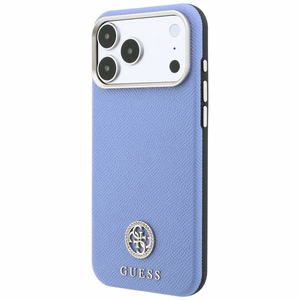 Guess Grained Round Strass Logo dėklas, skirtas iPhone 18 Pro / 17 Pro, suderinamas su MagSafe – mėlynas