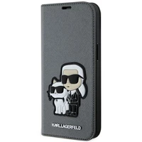 Karl Lagerfeld KLBKP14SSANKCPG iPhone 14 6.1" knygos tipo dėklas sidabrinis Saffiano Karl & Choupette