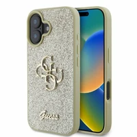 Guess Fixed Glitter Big 4G dėklas telefonui iPhone 16 - auksinis