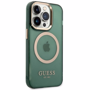 Guess GUHMP14XHTCMA iPhone 14 Pro Max 6.7 kietasis dėklas – žalias/khaki – su auksiniu kontūru ir skaidrus MagSafe