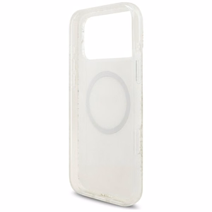 Guess IML MagSafe dėklas su gėlių raštu, metalizuota apdaila ir perlų dirželiu, skirtas iPhone 18 Pro Max / 17 Pro Max, baltas