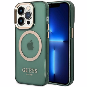 Guess GUHMP14XHTCMA iPhone 14 Pro Max 6.7 kietasis dėklas – žalias/khaki – su auksiniu kontūru ir skaidrus MagSafe