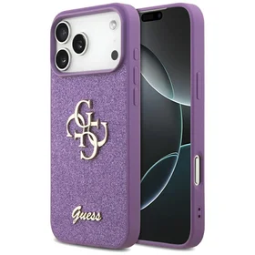 Guess Fiksuotas Blizgus Didelis 4G dėklas telefonui iPhone 17 Pro Max - violetinė