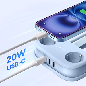 Orico AP3 20W GaN 5in1 maitinimo blokas 2x AC + 2x USB-A + 1x USB-C - mėlynas