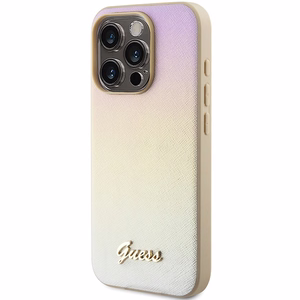 Guess Saffiano Iridescent Script dėklas telefonui iPhone 14 Pro Max - auksinis