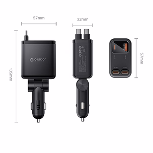 Orico Twin Reach 45W USB-A + USB-C automobilinis įkroviklis su dviem sutraukiamais USB-C laidais - juodas