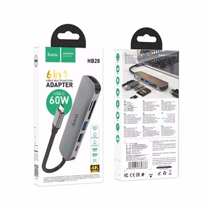 Adapteris Hoco HB28 Type-C Multi-Function Converter HDMI+USB3.0+USB2.0+SD+TF+PD pilkas