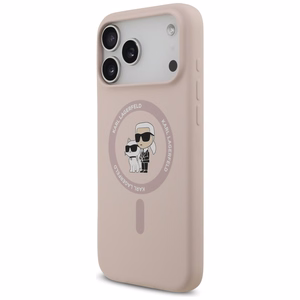 Karl Lagerfeld silikoninis Karl&Choupette žiedinis magnetinis dėklas telefonui iPhone 17 Pro Max - rožinis