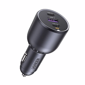 Ugreen 130W 3-Port Fast Car Char gray Ausinės, Mobilus kompiuteris, Mobilusis telefonas, Knyginis kompiuteris, Išorinė baterija, Telefonas Pilka Cigarų pridegiklis Automatinis
