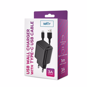 "Setty" įkroviklis 1x USB 3A juodas + USB-C kabelis 1,0 m
