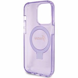Guess dėklas telefonui su stovu Ring Stand Script Glitter magnetinis iPhone 15 Pro - violetinis