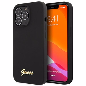 Dėklas Guess GUHCP13XLSLMGBK iPhone 13 Pro Max 6.7" juoda/juoda kietas dėklas Silikoninis Užrašas Auksinis Logotipas