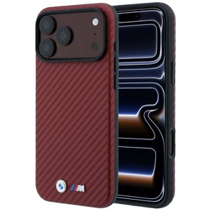 BMW dėklas, skirtas iPhone 18 Pro / 17 Pro: (Carbon Metal Logo), suderinamas su MagSafe, spalva – bordo