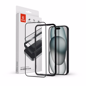 Crong Anti-Bacterial 3D Armour Glass antimikrobinis 9H grūdintas ekrano apsauginis stiklas, visu paviršiumi klijuojamas, skirtas iPhone 16 Plus / 15 Plus, su montavimo rėmeliu