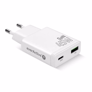 EVERACTIVE GaN tinklo įkroviklis 1× USB-C, 1× USB Quick Charge 3.0 45 W PD, baltas