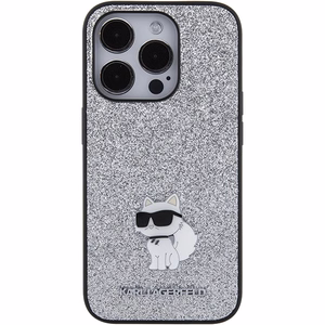 Karl Lagerfeld Fiksuotas blizgučių Choupette logotipas metalinis kaištis dėklas iPhone 15 Pro - sidabrinė