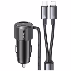 Automobilinis įkroviklis USAMS YT Series CC287 66W 1xUSB-A 1xUSB-C + laidas 2w1 USB-C/Lightning tamsus