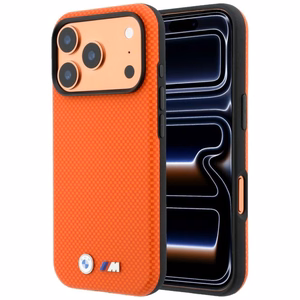 BMW M Quadrille Kevlar Metal Logo MagSafe dėklas, skirtas iPhone 17 Pro / 18 Pro – oranžinis