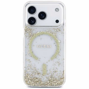 Guess Resin Bottom Glitter MagSafe dėklas, skirtas iPhone 18 Pro / 17 Pro, auksinis