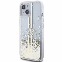 Guess Liquid Glitter Gold Stripes dėklas telefonui iPhone 15 Plus / 14 Plus - permatomas