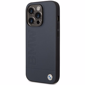 Dėklas telefonui BMW BMHMP14XSLLNA iPhone 14 Pro Max 6.7 - mėlynas odinis karšto štampavimo MagSafe