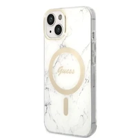 Rinkinys Guess GUBPP14SHMEACSH dėklas + įkroviklis iPhone 14 6.1" baltas/kietas dėklas Marmuras Magnetinis