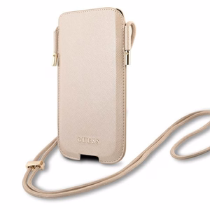 Guess Saffiano Pouch telefono rankinė, S / M dydžio, telefonams iki 6.1", aukso spalvos