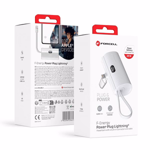 Išorinė baterija Forcell F-Energy Power Plug F5K3 PD 20W 5000 mAh su įmontuotu jungtimi Lightning balta