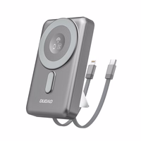 Dudao K29 10000mAh PD 20W Magnetinė išorinė baterija su metaliniu dėklu, stovu ir įmontuotais USB-C/Lightning kabeliais - pilka