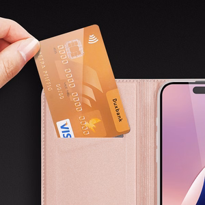 Dux Ducis Skin Pro dėklas telefonui iPhone 16 Pro Max su atverčiamu dangteliu ir kortelių skyriumi - rožinis