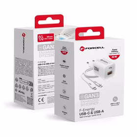 FORCELL F-ENERGY Crystal Color GaN III VT-41 kelioninis įkroviklis su silikoniniu kabeliu, su 1 x Type C + 1x USB A jungtimis, PD QC4.0 33W baltas